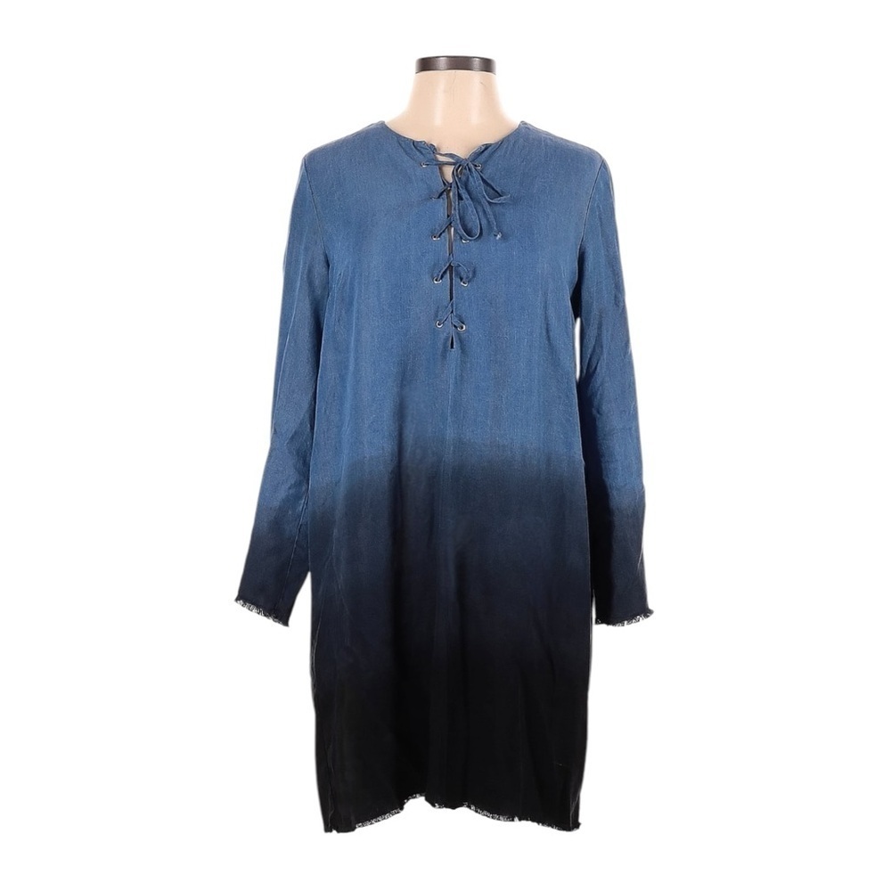 Fifteen Twenty Chambray Shift Dress M Tencel Lace-Up Ombré Dip Dye Made in USA